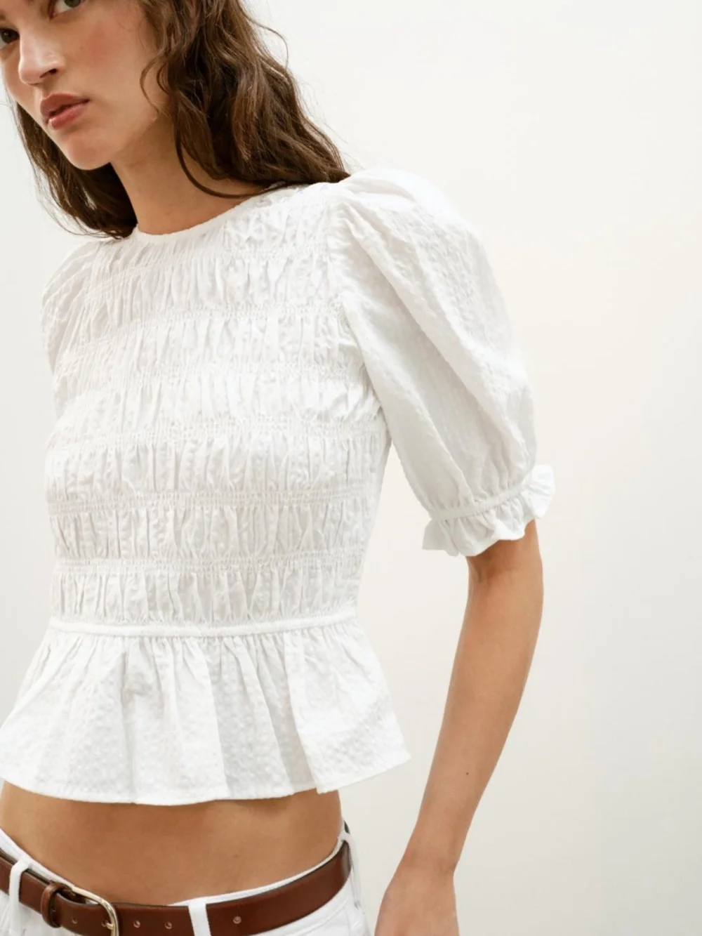 NWT Zara White Ruched Top Puff Sleeves - Size XS